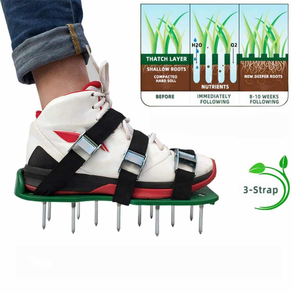 How To Aerate There are several types of aerating equipment and the size of your lawn will determine what type of tools are needed for the task. Aerating sandals or a pitchfork are sufficient for very small lawns and these fit into the spike aerator category. The sandals are worn over normal shoes and you just walk methodically over your entire lawn, poking holes into the soil with each step. Wearing spiked golf shoes anytime you walk across your lawn will be beneficial, but annual aeration will still be needed. A pitchfork is used to create rows of holes across the lawn for aeration. This is a labor-intensive spike aeration method, but it gets the job done. Slicing aerators slice through the thatch and down to the soil level. Plug aerators remove plugs of soil from the lawn to allow air, water, and food to reach the grass roots. Both of these types of aerators can be purchased or rented as an attachment for a riding lawn mower or as a push-type machine.